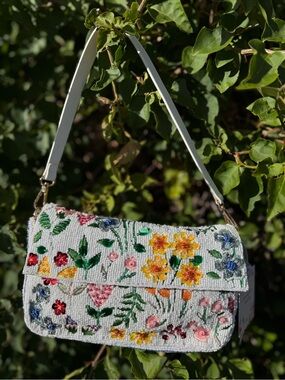 NWT Made in India Flower Floral Multicolor Leather Shoulder Strap Beaded Bag